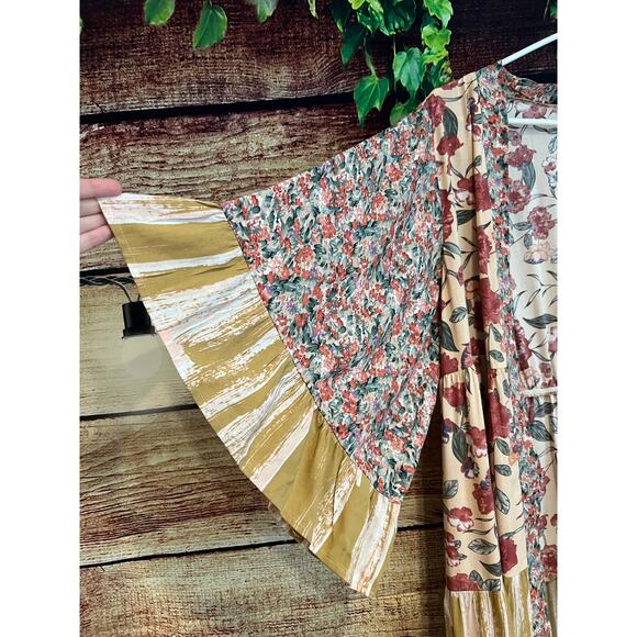 Boho Gypsy Bell Sleeve Patchwork Ruffled Kimono Duster Maxi Tunic Cardigan OS - Picture 2 of 7